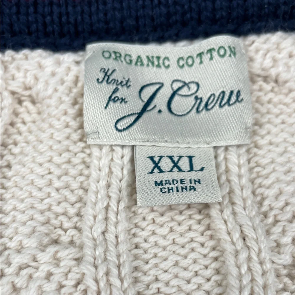 J.‎ Crew XXL 100% Organic Cotton Ivory Cable Knit Vest with Navy and Red Trim